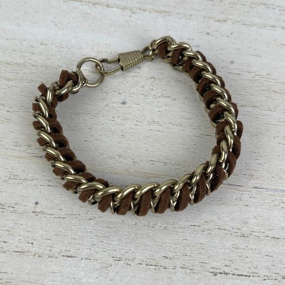 NWOT Gold Tone Chain Link Bracelet Brown Braided Faux Leather Cord - Picture 1 of 16